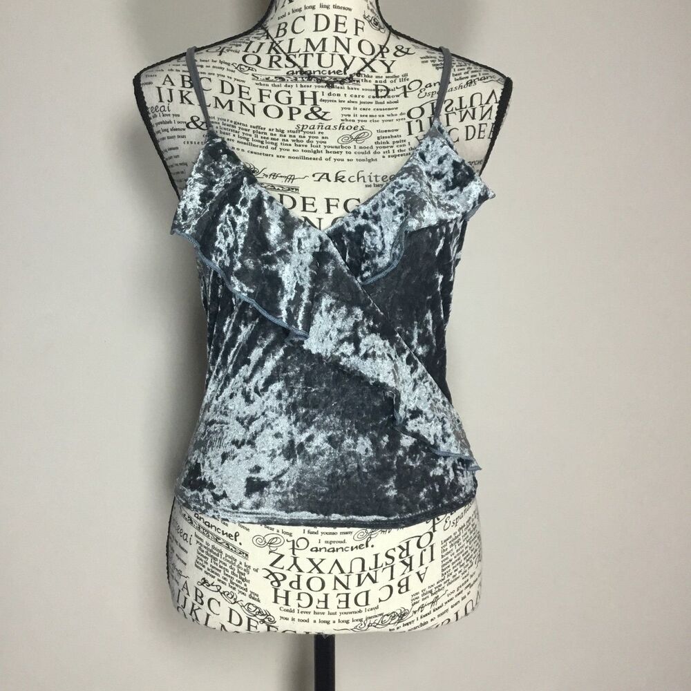 Velvet ruffle spaghetti strap cami blue grey shiny soft romantic dark fairy S